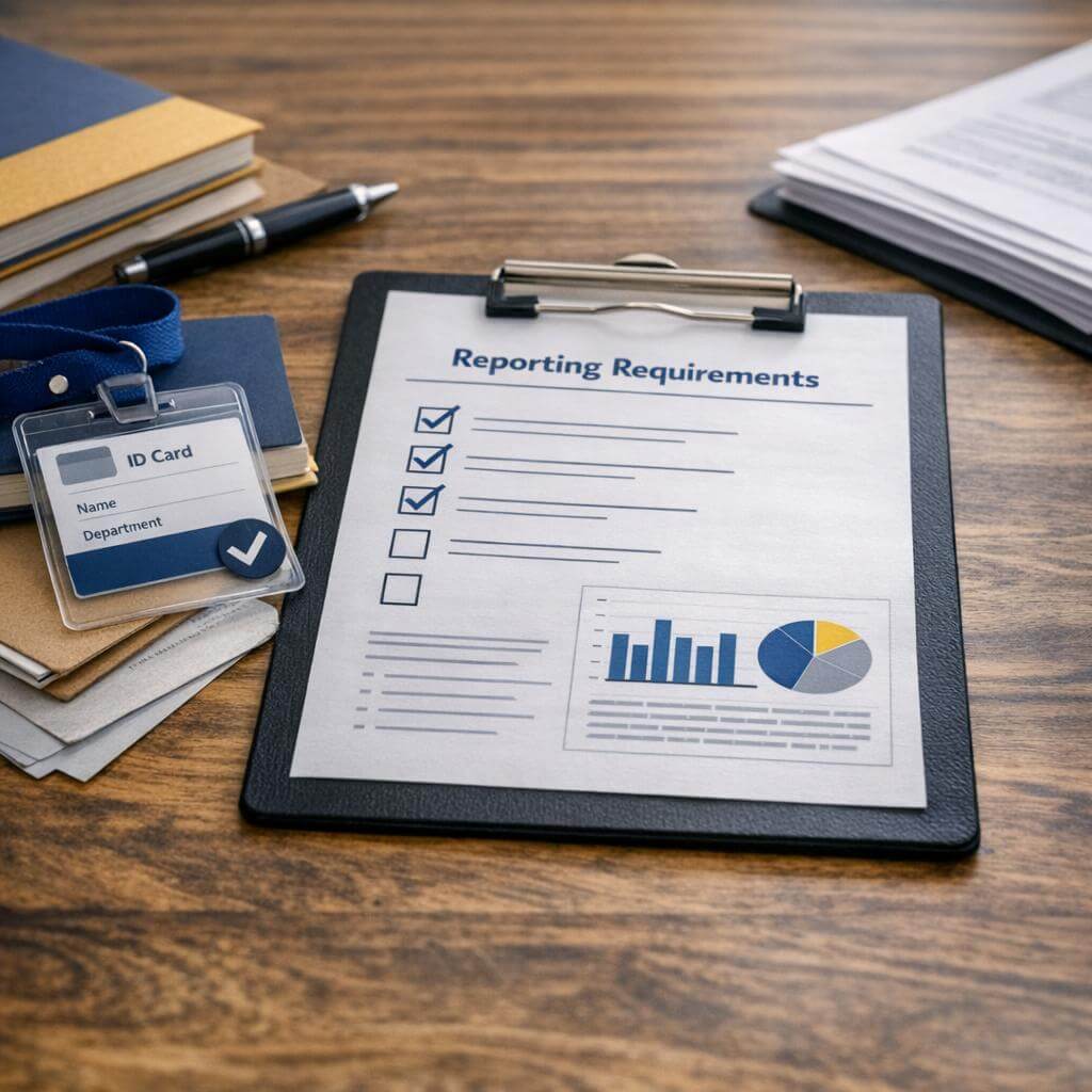 A clipboard with reporting requirements written on it