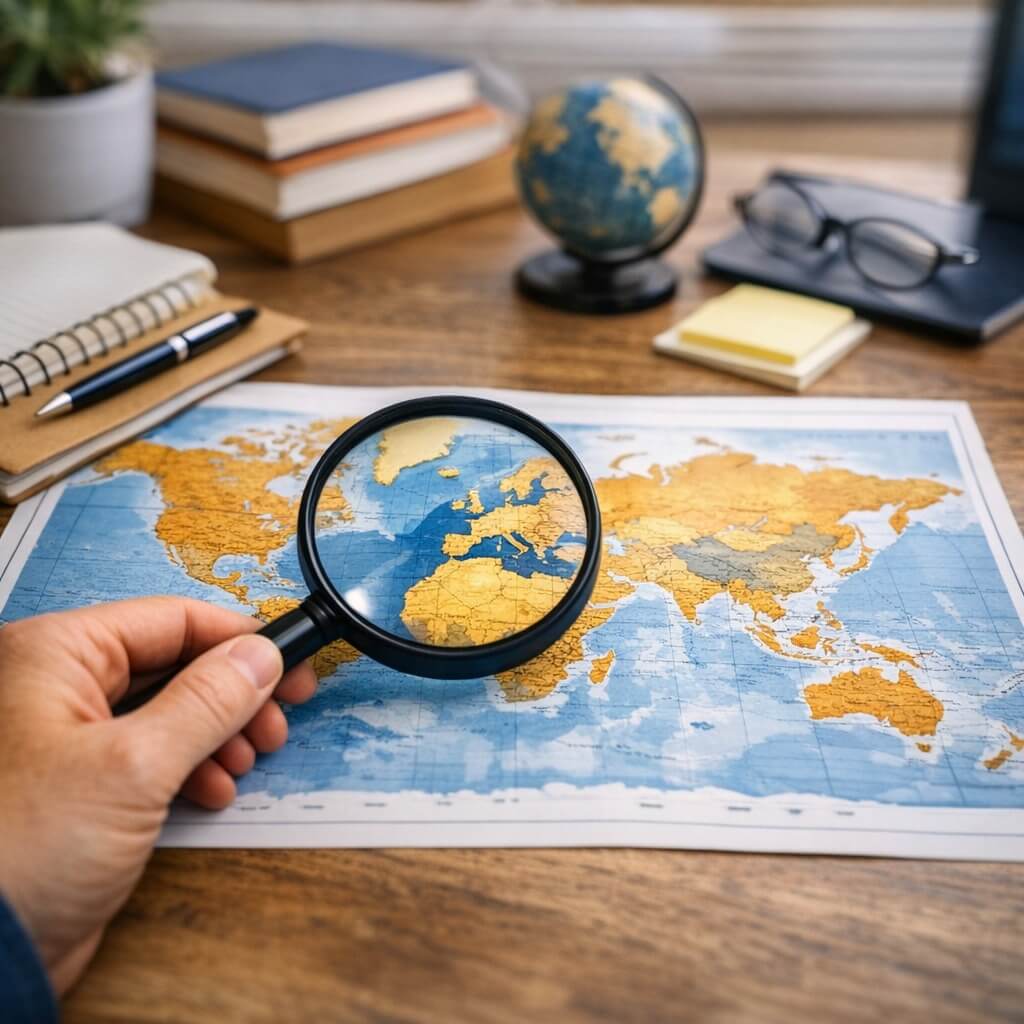 A hand holding a magnifying glass over a map of the world