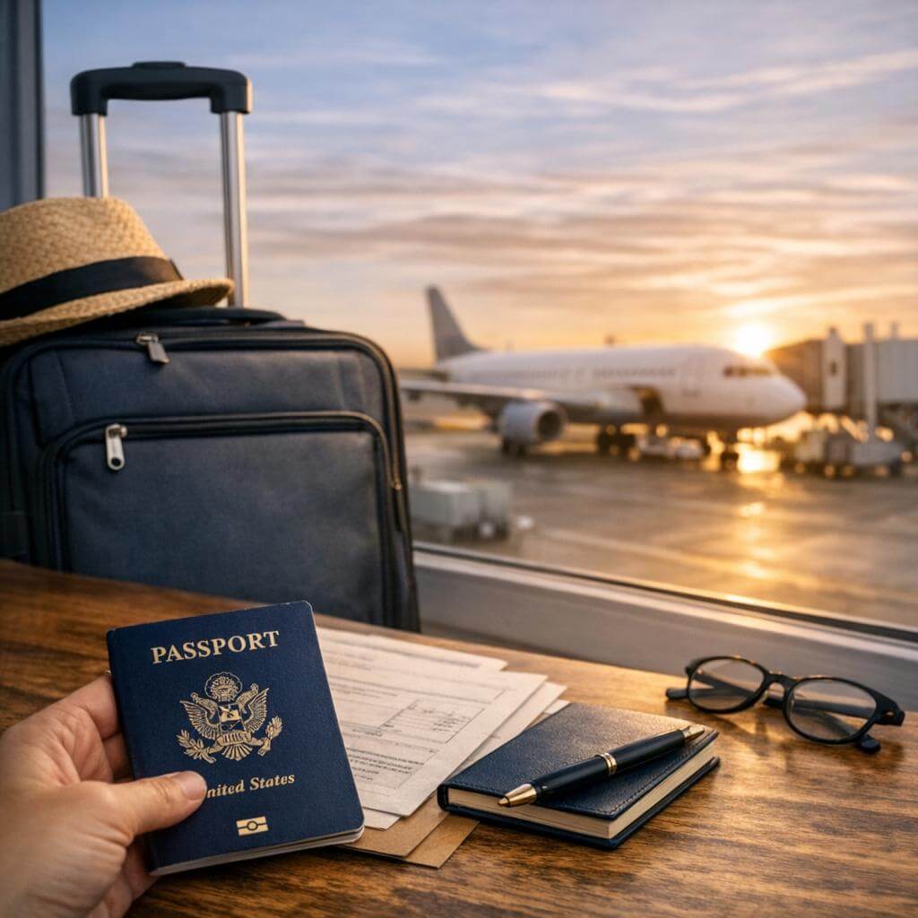 Someone holding a passport as they look out at a plane on the tarmac