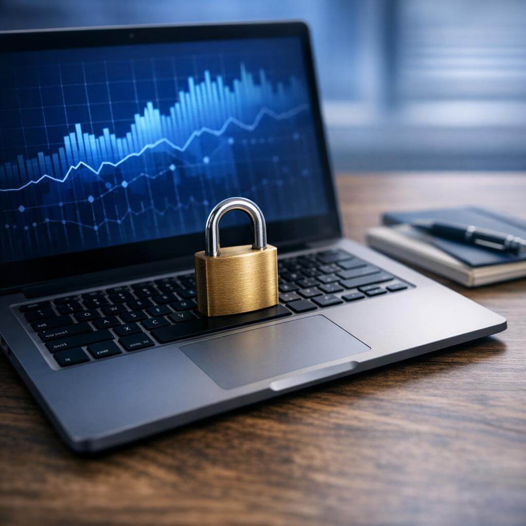 A laptop with a lock resting on its keyboard