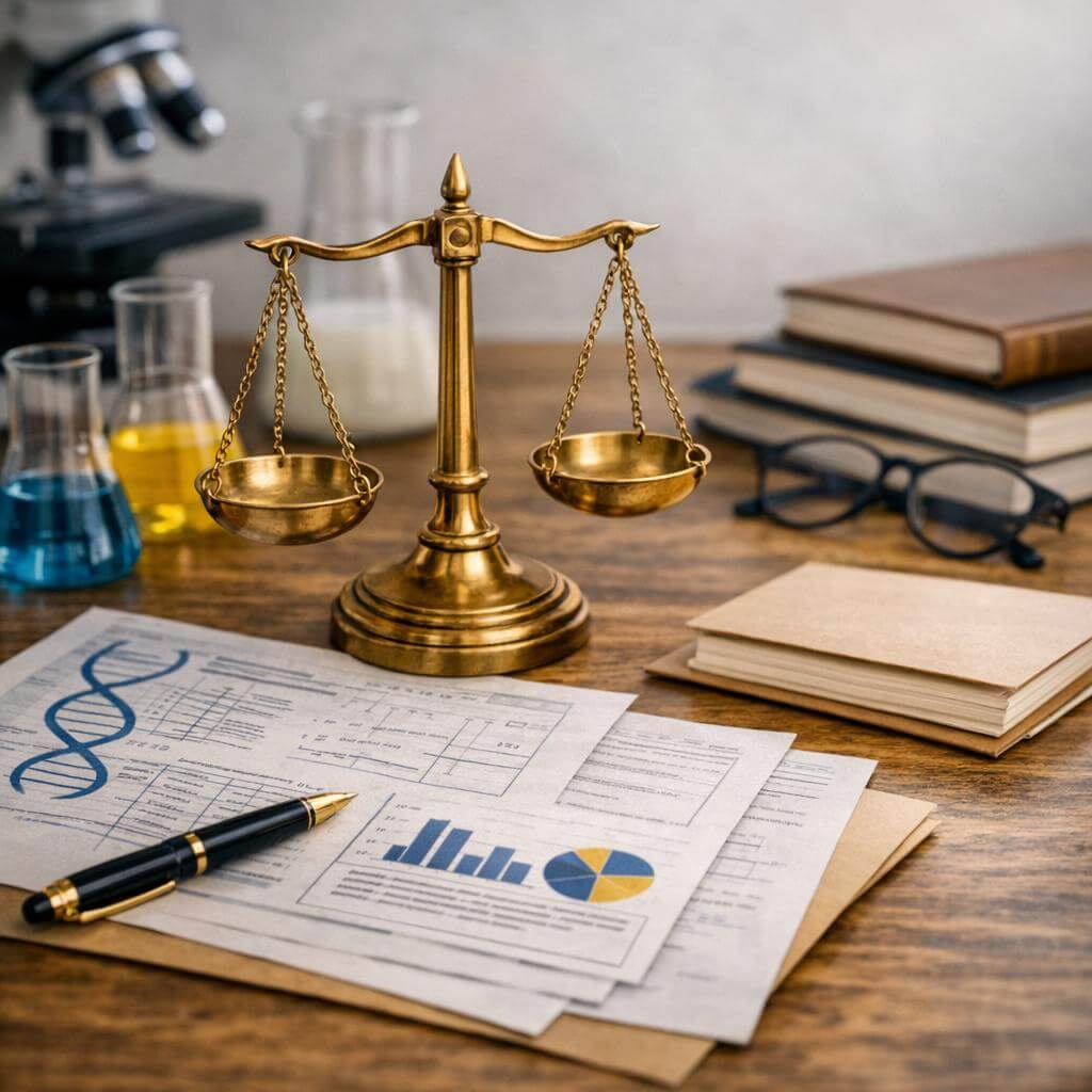 A pair of gold scales sitting in front of an open file